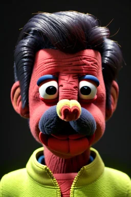 Waist up muppet Portrait, Nicolas maduro us muppet doll, black hair, Venezuelan president, red and yellow tracksuit, mustache, photo studio, background, unreal engine 5, concept art, art station, ray tracing, lumen lighting, ultra detail, volumetric lighting, 3d.