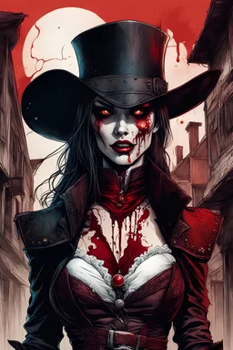 highly detailed concept illustration of an alternate reality Wild West female vampire anti heroine blood huntress, in an abandoned saloon ,maximalist, sharp focus, finely detailed facial features, highest resolution, in the styles of Alex Pardee, Denis Forkas , and Masahiro Ito, boldly inked, 48k, cinematic, UHD, coarse, gritty, and dusty textures