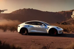 A Tesla 'Model S' is going at a high speed, inside "The War of the Worlds" (of H.G. Wells). (CINEMATIC, WIDE ANGLE LENS, PHOTO REAL)