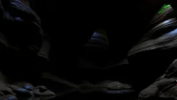 dark rock cave, looking upward as the cave continues upward. A stream runs down the the left side, lined by a small dam, in the style of jordan grimmer
