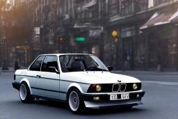 a 1990 bmw 2-door 4k ,ultra realistic,concept, 4k ,on street, parked in crowed city