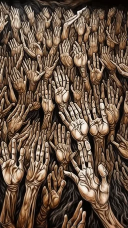 a field of thousands of hands of bodies buried in the ground not visible, horror, hands with different fingers shapes Busch painting style nightmare and thin line draw