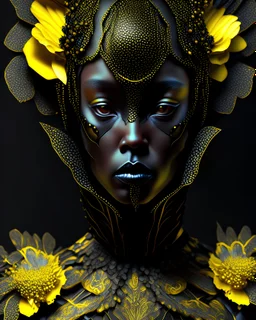 Beautiful vantablack woman and yellow wasp baroque floral headdress humanoid insect portrait close up adorned with floral metallic filigree headress and wearing metallic floral embossed mineral stone ribbed wasp costume armour winged dress organic bio spinal ribbed detail of transculent malachit colour lines ink art extremely detailed hyperrealistic maximálist concept portrait