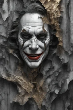 surrealis monochrome A fragmented, surreal sculpture liguid color of photorealistic image 3d,psychedelic art of the joker frmad face glossy emerging from dreamlike a crumbling building. The face appears pale with deep cracks and intricate details, evoking a haunting expression. Blackened tree branches intertwine with the gold mengkilat cracks, set against a backdrop of stormy, cloud-filled skies. bauhaus art The overall tone is dark and moody, suggesting themes of decay and transformation.