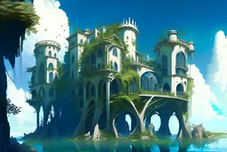 A futuristic ruined gothic building on an island floating over the sea with balconies, verandas, many arches, bridges, spires, paths, trees, dense foliage, spanish moss, ivy, blue sky, white clouds