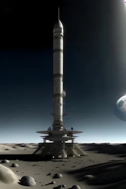 A Titan III C multistage rocket with a Dyna Soar rocket plane reentry craft on its top stands on a launch platform on the moon luna with the earth rising over teh horizon