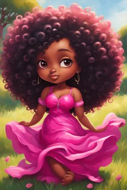 An expressive oil painting image of a chibi black cartoon of a curvaceous woman with flowing of tight curly afro of black hair that's highly detailed, wearing a hot pink maxi dress. She sits relaxed on the grass facing the warm sunlight, which illuminates her face as she looks to the side with a small smile, accentuating her prominent makeup and brown eyes. with green and hot pink roses all around