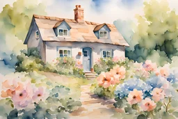 Watercolor painting of a rustic cottage with beautiful pastel flowers, green trees, blue sky, romantic, romanticism, cottagecore