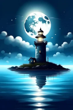 Create 2d Digital Arts of light house in the sea and moon is shinning and sky light are reflect the light house