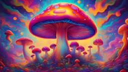 psychedeliC, PETER MAX STYLE, TRIPPY, MUSHROOM, picture of a BEAUTIFUL,, , cinematic, highly detailed, 4k, deep colors, gold, fire,, metal,, ethereal, utopia , ARTIFICIAL INTELLIGENCE,,