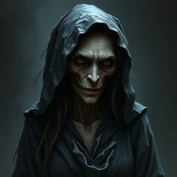 The witch, Lorissa Nightshade, appears as a gaunt, pale woman with hollowed out eyes and wearing tattered and torn robes. Grimdark realistic