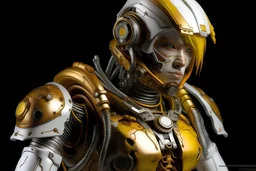 hyper-realistic (RAW, analog), gorillaz band style RustMagic elements, translucid glowing, highly detailed male cyborg, matte white helmet with intricate mechanical details, blonde hair, with a copper and steel humanoid physique that shows off the detailed skinny structure, wearing a yellow metal armor with tattered ""LEVEL 7"" white print, and dark denim jeans with abstract fade and rusty stain, black combat boots, walking steadily towards the camera over a puddle of indigo
