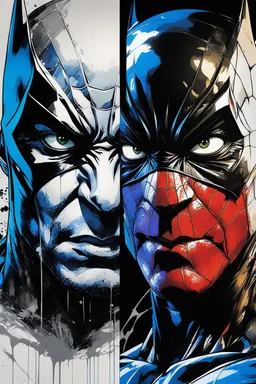 Poster in two gradations, split in half, one side "spiderman", other side "batman", midline of the face, painting by Yoji Shinkawa, solid, tetra and splash colours detailed iridescent, metallic, translucent, dramatic lighting, hyper futuristic, digital art,