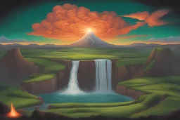 big waterfall with green fields, northern lights, and a little volcano in fire in the background