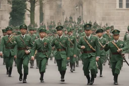 Soldiers marching in formation; military parade; tight formation; shoulder to shoulder; marching along a street; green uniforms; medals and insignia; weapons in hands;