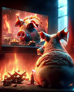 fire font realistic gamer pig watching movie about mushrooms cinema in the background