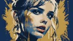 Poster in two gradually, a one side show his tonge, the Singer Danish MØ face, painting by Yoji Shinkawa, darkblue and gold tones,