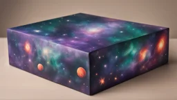 a box 10 cm long by 5 cm wide and 25 cm high, drawn on a box on all sides, space, tress, planets, butterfly nebula, crow, purple, green and red, realistic