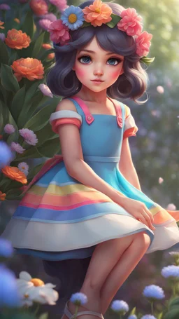 A little girl, adorable, big beautiful eyes, in dress, in flowers, cartoon, close-up, bright colours, digital graphics, fantasy, unreal engine, blender art by artgerm, perfect composition, octane rendering, masterpiece, sharp focus, high detail, art station, concept art, perfect composition, a model of ultra-high quality and clarity, perfect play of light and shadow, 32k UHD, hyper-detailing,