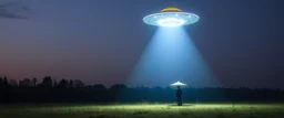 flying saucer ufo in autumn evening field shooting a cone of light upwards to the sky down to another saucer standing in the field