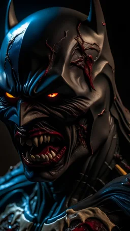 Dramatic Batman as a zombie covered in wounds and blood all over and opened its mouth showing its teeth and ready to bite, lightning on the background, cinematic, extreem realistic, extreem detailed, extreem Sharp, middle close-up shot