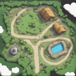 map, large camp ground, top view, comic book, sketch, nature, paths,