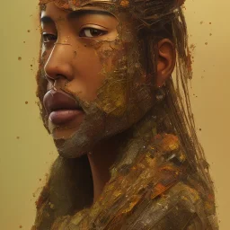 human native portrait, rust, scaffolding, iron cladding, decay, mixed media, textured, anatomically correct, beautiful perfect face, sharp focus, highly detailed