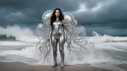 Wide-angle shot of a woman, standing to one side on a beach with huge waves, with dark hair in a silver robotic catsuit, many large jellyfish shaped like mushrooms with tentacles floating in the air, masterpiece, best quality, super detailed