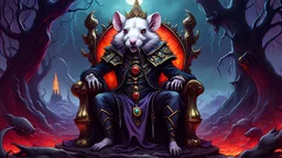 A gritty, full-body shot of an insatiably evil black opal iridescent pearlescent demonic white rat king on a bone throne in a hellish landscape, with sharp ivory teeth, macabre, red yellow purple, Dariusz Zawadzki art style, liminal spaces, horror art, dark gaming background, wet, glossy, horror art, trypophobia, eerie, intricate details, HDR, beautifully shot, hyperrealistic, sharp focus, back lit, 64 megapixels, perfect composition, high contrast, cinematic