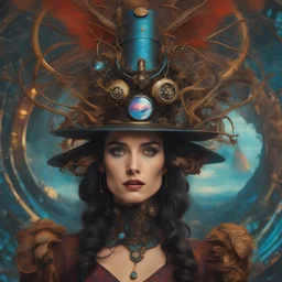 art by Patrick Woodroffe in the style of Salvador Dali, psychedelic colors, Jennifer Connelly as a steampunk warrior, in an biomechanical universe, HD 4K ultra high resolution, photo-real accurate, cinematic volumetric lighting