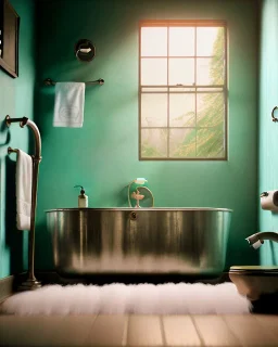 Bathroom scene, big hair monster into bath, Wes Anderson style, realistic photo, realistic image, concept art, smooth, unreal engine 5, god lights, ray tracing, RTX, lumen lighting, ultra detail, volumetric lighting, 3d.