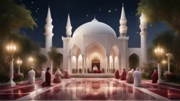 Hyper Realistic people praying outside Beautiful-Decorated-Huge-White-Brick-Mosque with maroon-marble-flooring & Beautiful-Garland-Light-&-Decorations surrounded by a beautiful garden at beautiful dark night with stars on sky