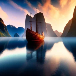 Nærøyfjorden Verdsarvpark, viking ship, sun, misty, autumn, sand storm, in the style of pixar