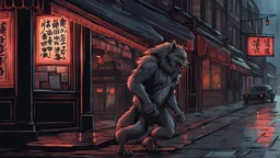 Werewolf with a Chinese menu in his hand, walking through the streets of Soho in the rain. There is a neon sign in the background on a restaurant that says "Lee Ho Fuk's".Illustration.