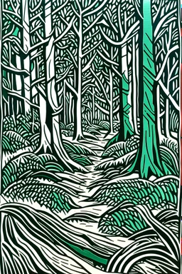 Linocut winding path through woodland