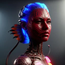 pretty maori cyber woman, cold ambient, latex, cables, purpurin, blood, black, gold, piercings, brown, decorative color feathers, circuits, neon style, a lot of led lights, fog, rain, vibrant color, highly detailed, art stations, concept art, smooth, unreal engine 5, god rays, ray tracing, RTX, lumen lighting, ultra detail, volumetric lighting, 3d, finely drawn, high definition, high resolution.