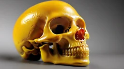 a picture of a dark, comedic, anatomically correct skull of a smiley face, photo realistic, highly detailed, yellow, old, part of a collection of bones on display on a scientists shelving, round, egg shaped eye sockets, darker background, underglass