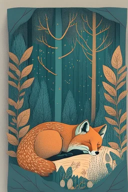 in a cosy vintage style, a fox sleeps in a forest