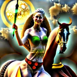 fullbody portrait of beautiful busty amazon woman with big green eyes riding a horse by Luis Ricardo Falero 8k