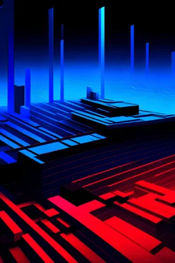 An abstract representation of a corrupted game level, flat design, modern, 4k, epic composition, flat vector art illustration, black, red, and blue, long shot --no text, fonts, letters, words, watermark, gradient