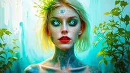old retro photography, faded vignette, worn and cracked, double exposure, surrealism, blonde humanoid from another world, red lips, half body, greenish blue pale transparent glowing skin, plants growing out of head, tattoo, alien transparent eyes, hyperdetail, double exposure, Anna Razumovskaya, Anna Dittmann, Luis Royo, neo-impressionism, expressionism, oil painting. Vivid, detailed and textured brushstrokes reminiscent of Royo and Peter Coulson. Deep colors and dramatic lighting with cinematic