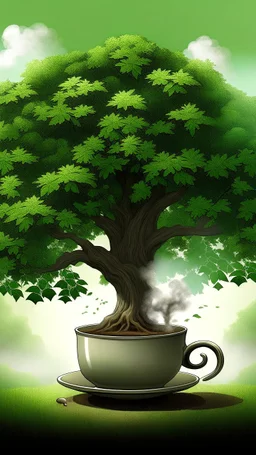 A majestic sycamore tree standing tall and proud, with a steaming cup of coffee resting at its base, inviting you to take a break and enjoy the serene surroundings.