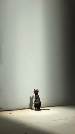 Bosch painting style, nightmare , a very small mouse standing in front of a big white wall side view, a huge shadow of the mouse is very very large covering on the whole wall