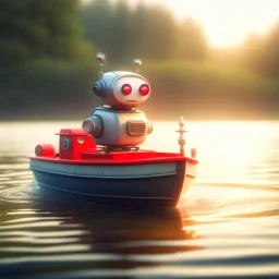 cute blessed chat robot catching a big fish on small steam boat in a big lake, 8k, downlight, soft light, depth of field, photorealism, trending on art station, lotsa detail