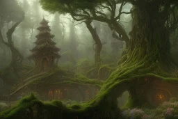 a beautiful and highly detailed matte painting of a wooden elven temple in a magical fantasy garden in a lush forest, celtic knots, ancient runes, knotted trees, tangled vines, intricate details, epic scale, insanely complex, 8k, sharp focus, hyperrealism, very realistic, by caspar friedrich, albert bierstadt, james gurney, brian froud