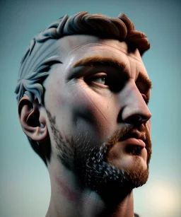 Gran angular, Realistic image, roman sculpture, marble material, Lionel Messi, Laurel wreath model, miguel angel style, emperador, God light, god rays, 4k resolution, ornate details, soft lighting, unreal engine 5, soft cyan background.