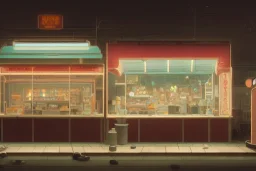 a highly detailed matte painting of a single small building, donut snack bar with take away counter with sign by studio ghibli, makoto shinkai, by artgerm, by wlop, by greg rutkowski, volumetric lighting, cyberpunk, octane render, 4k resolution, trending on artstation, masterpiece