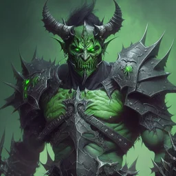 demonio de armadura verde y negro con una espada negra que atraviesa su pecho