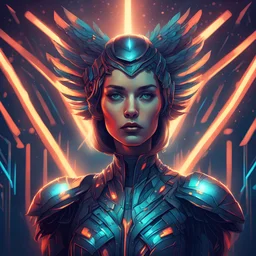 Lady Hawk under eerie glowing lights in panfuturism art style