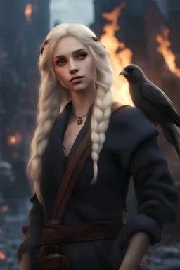 female elf teen, blonde hair, rag clothing, crow on shoulder, black eyes, burning city background, 3d, medieval clothing